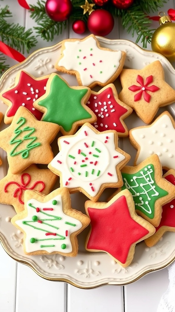 A plate of decorated old-fashioned Christmas cookies with icing and sprinkles, surrounded by festive decorations.